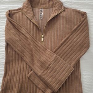 Lou & Grey Tan Ribbed Half-Zip Sweater